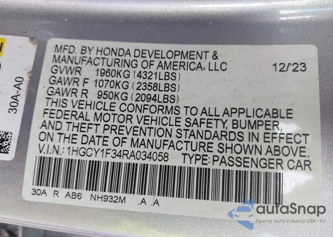 2024 Honda Accord Ex z USA, uszkodzony, nr VIN 1HGCY1F34RA034058